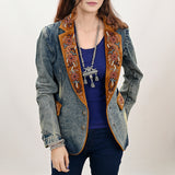 ADBZ029 Genuine leather Hand tooled hand carved Women 100% cotton Denim Blazer dress jacket ladies Girl