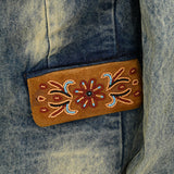 ADBZ029 Genuine leather Hand tooled hand carved Women 100% cotton Denim Blazer dress jacket ladies Girl
