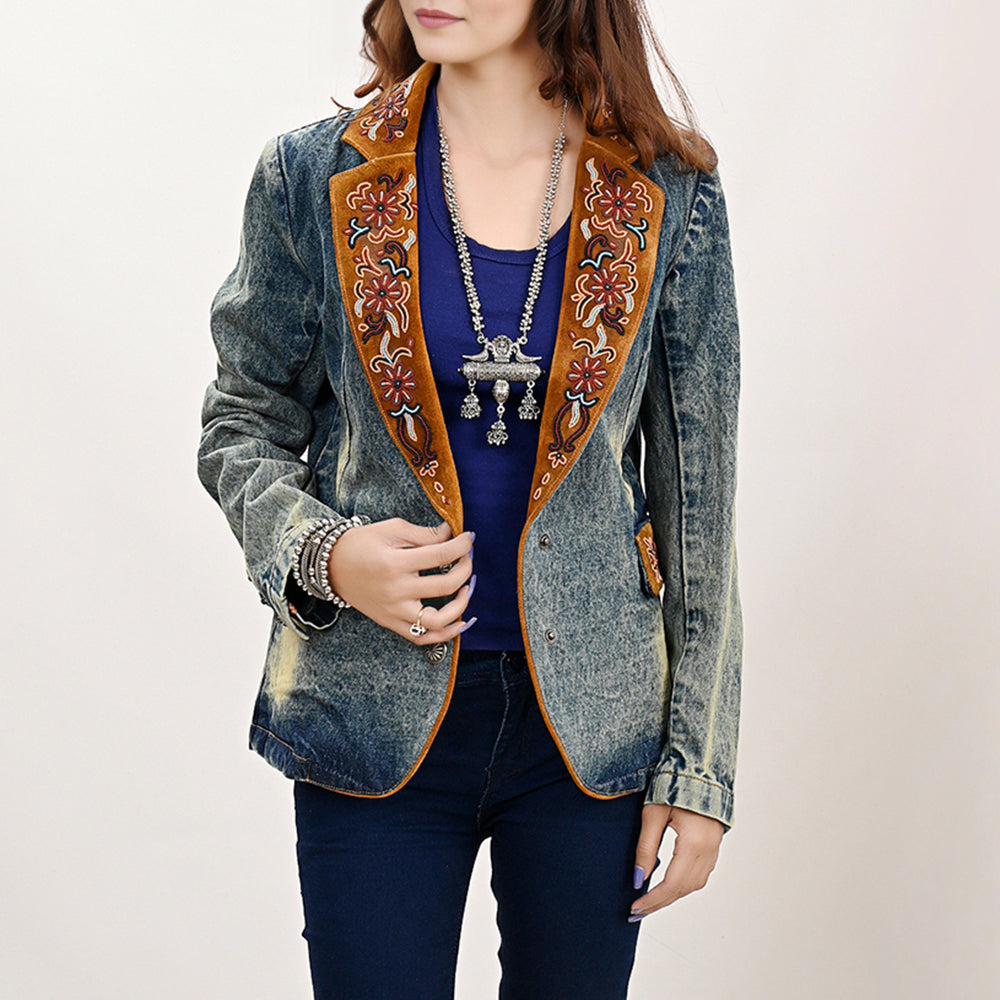 ADBZ029 Genuine leather Hand tooled hand carved Women 100% cotton Denim Blazer dress jacket ladies Girl