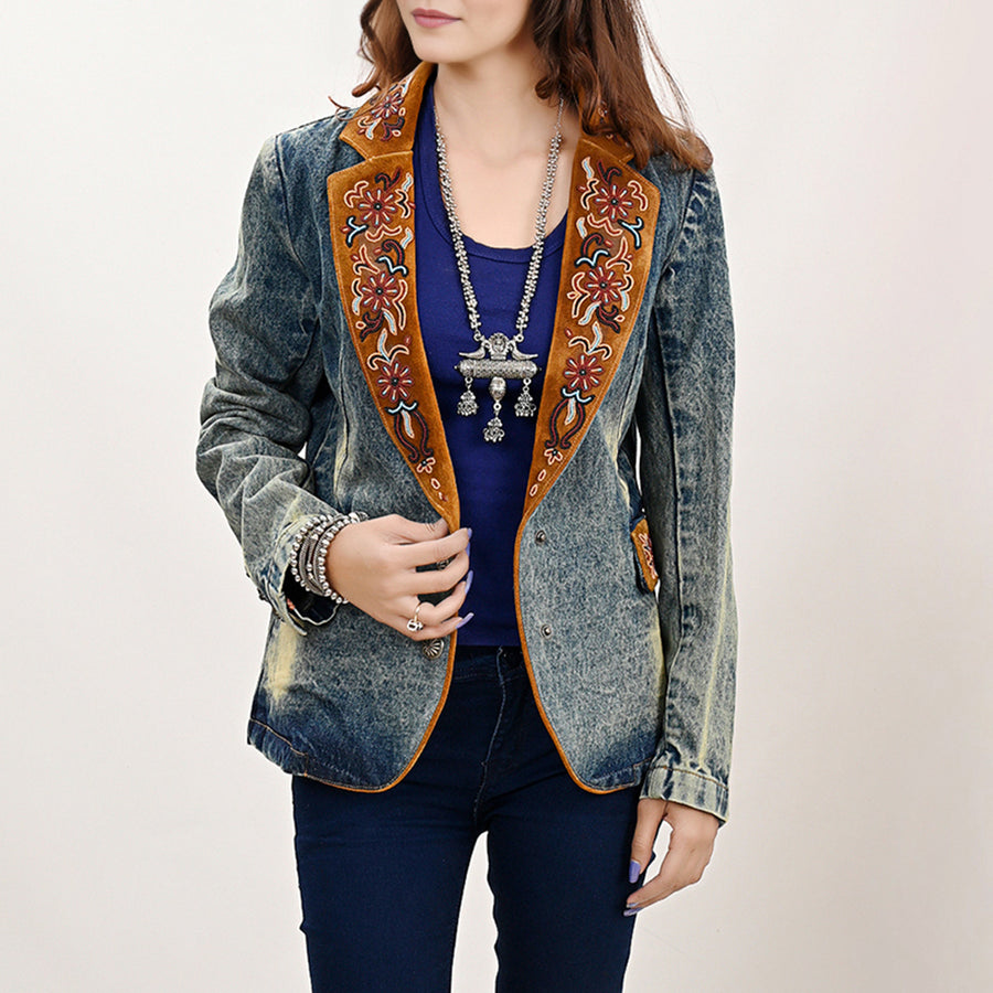 American Darling Genuine leather Hand tooled carved Women 100% cotton Denim Blazer dress jacket | Vintage