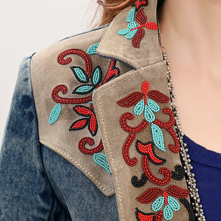 American Darling Genuine leather Hand tooled carved Women 100% cotton Denim Blazer dress jacket | Vintage