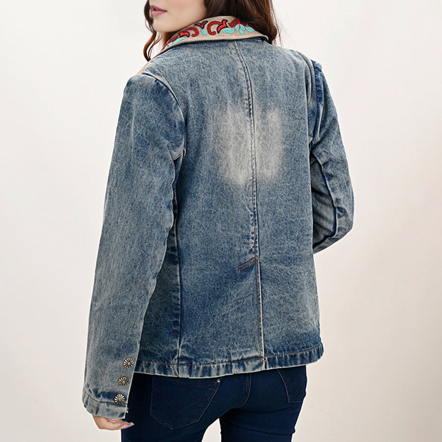 American Darling Genuine leather Hand tooled carved Women 100% cotton Denim Blazer dress jacket | Vintage