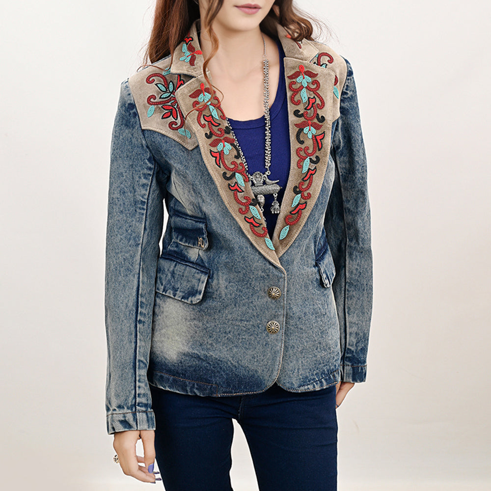 ADBZ031 Genuine leather Hand tooled hand carved Women 100% cotton Denim Blazer dress jacket ladies Girl