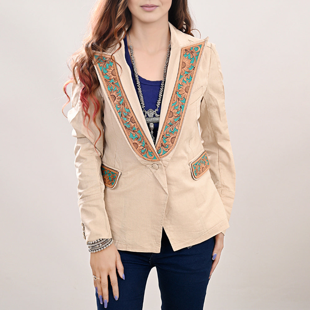 ADBZ038 Genuine leather Hand tooled hand carved Women Blazer dress jacket ladies Girl