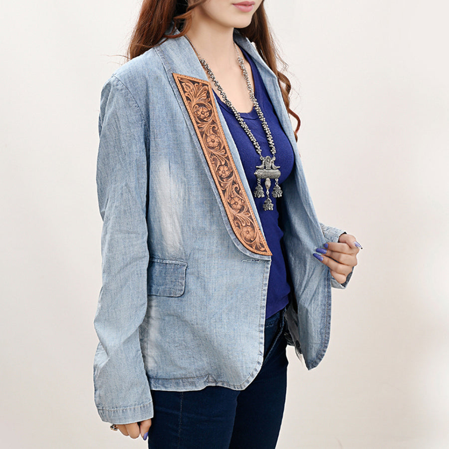 American Darling Genuine leather Hand tooled carved Women 100% cotton Denim Blazer dress jacket ladies |Vintage