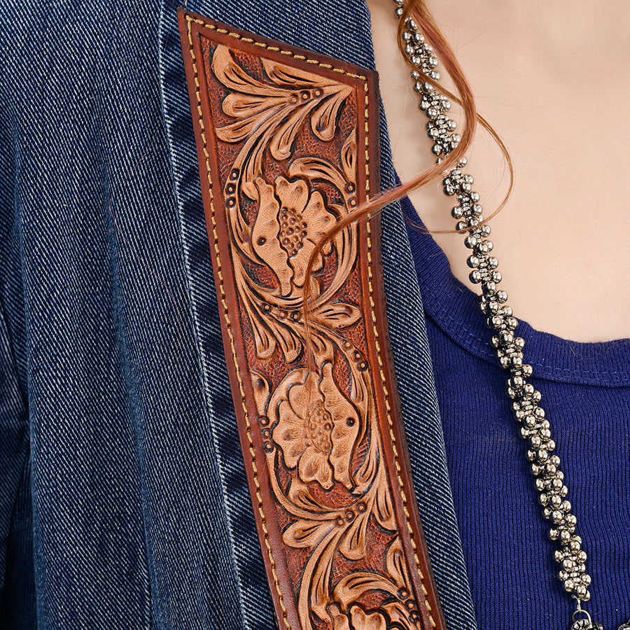 American Darling Genuine leather Hand tooled carved Women 100% cotton Denim Blazer dress jacket ladies |Vintage