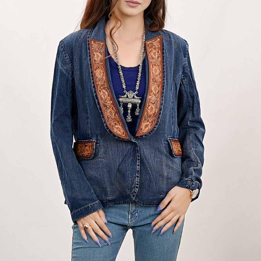 American Darling Genuine leather Hand tooled carved Women 100% cotton Denim Blazer dress jacket ladies |Vintage