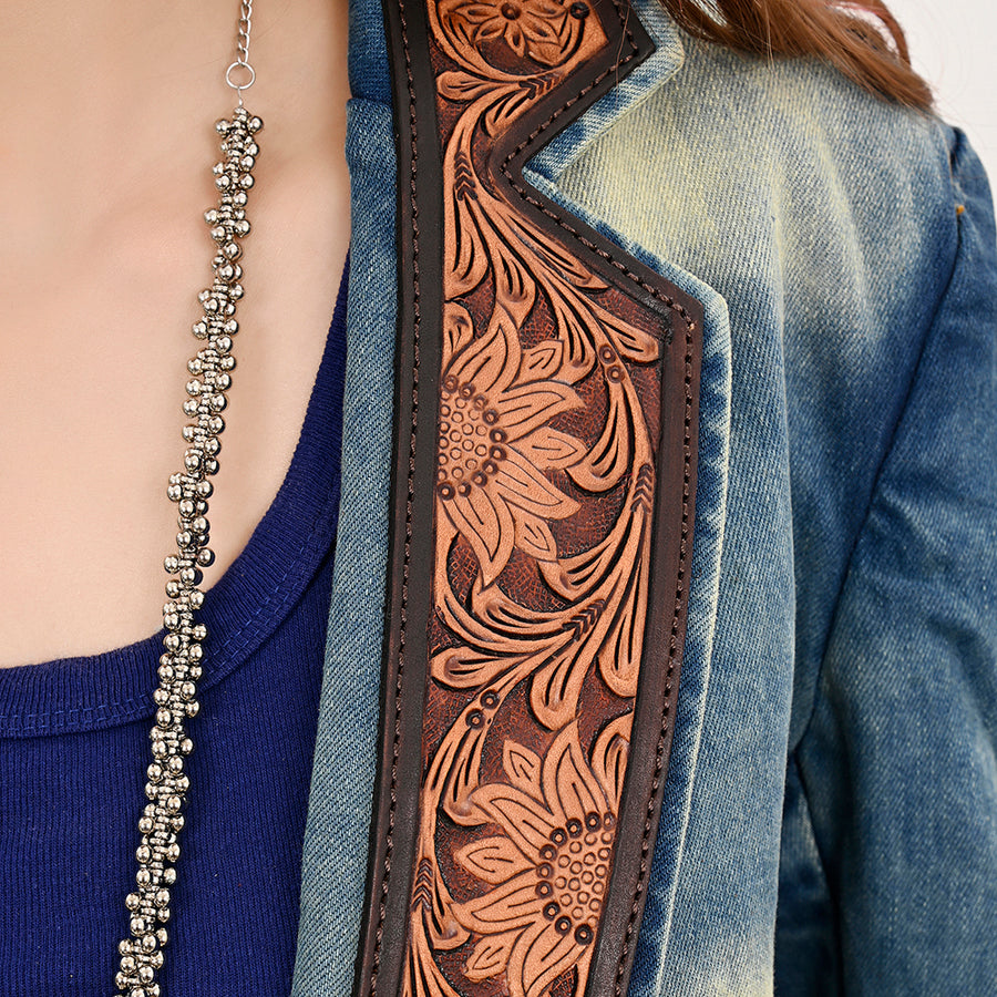 American Darling Genuine leather Hand tooled carved Women 100% cotton Denim Blazer dress jacket ladies |Vintage