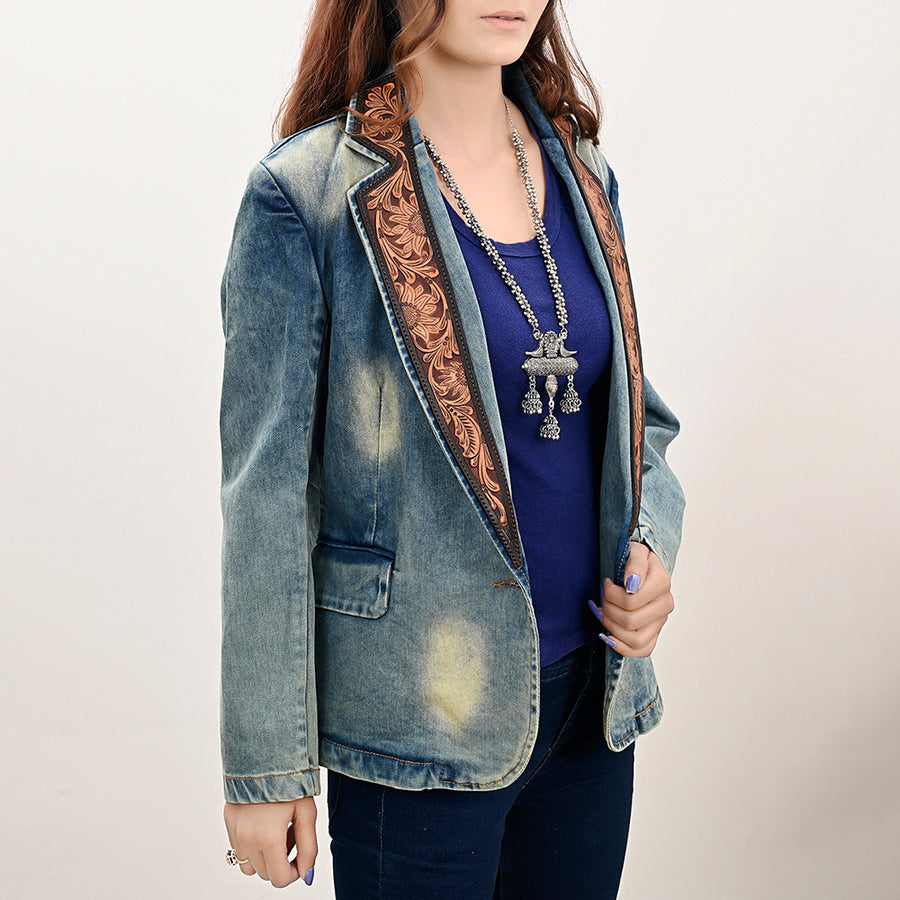 American Darling Genuine leather Hand tooled carved Women 100% cotton Denim Blazer dress jacket ladies |Vintage