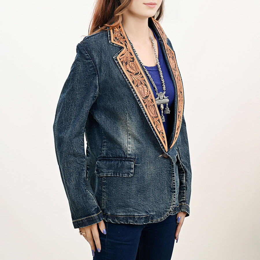 American Darling Genuine leather Hand tooled carved Women 100% cotton Denim Blazer dress jacket ladies |Vintage