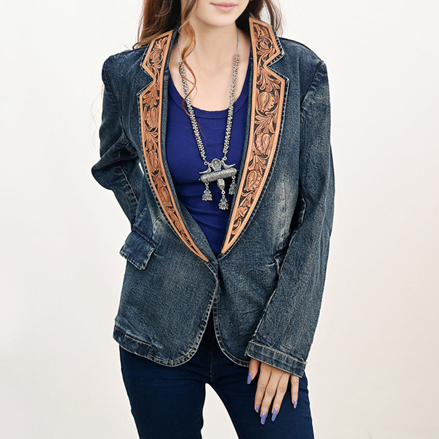 American Darling Genuine leather Hand tooled carved Women 100% cotton Denim Blazer dress jacket ladies |Vintage