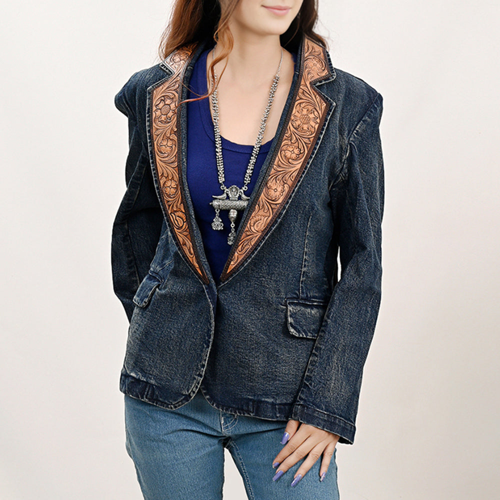 ADBZ044 Genuine leather Hand tooled hand carved Women 100% cotton Denim Blazer dress jacket ladies Girl