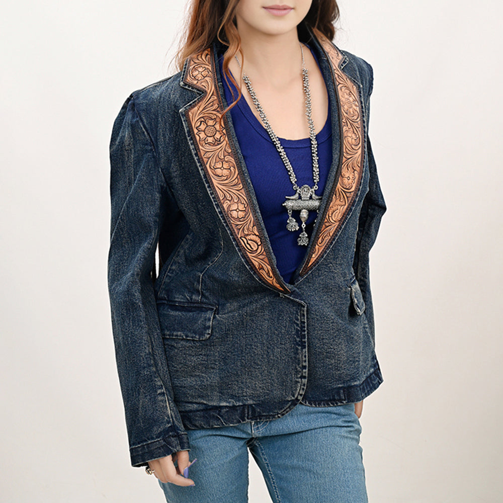 ADBZ044 Genuine leather Hand tooled hand carved Women 100% cotton Denim Blazer dress jacket ladies Girl