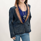 ADBZ044 Genuine leather Hand tooled hand carved Women 100% cotton Denim Blazer dress jacket ladies Girl