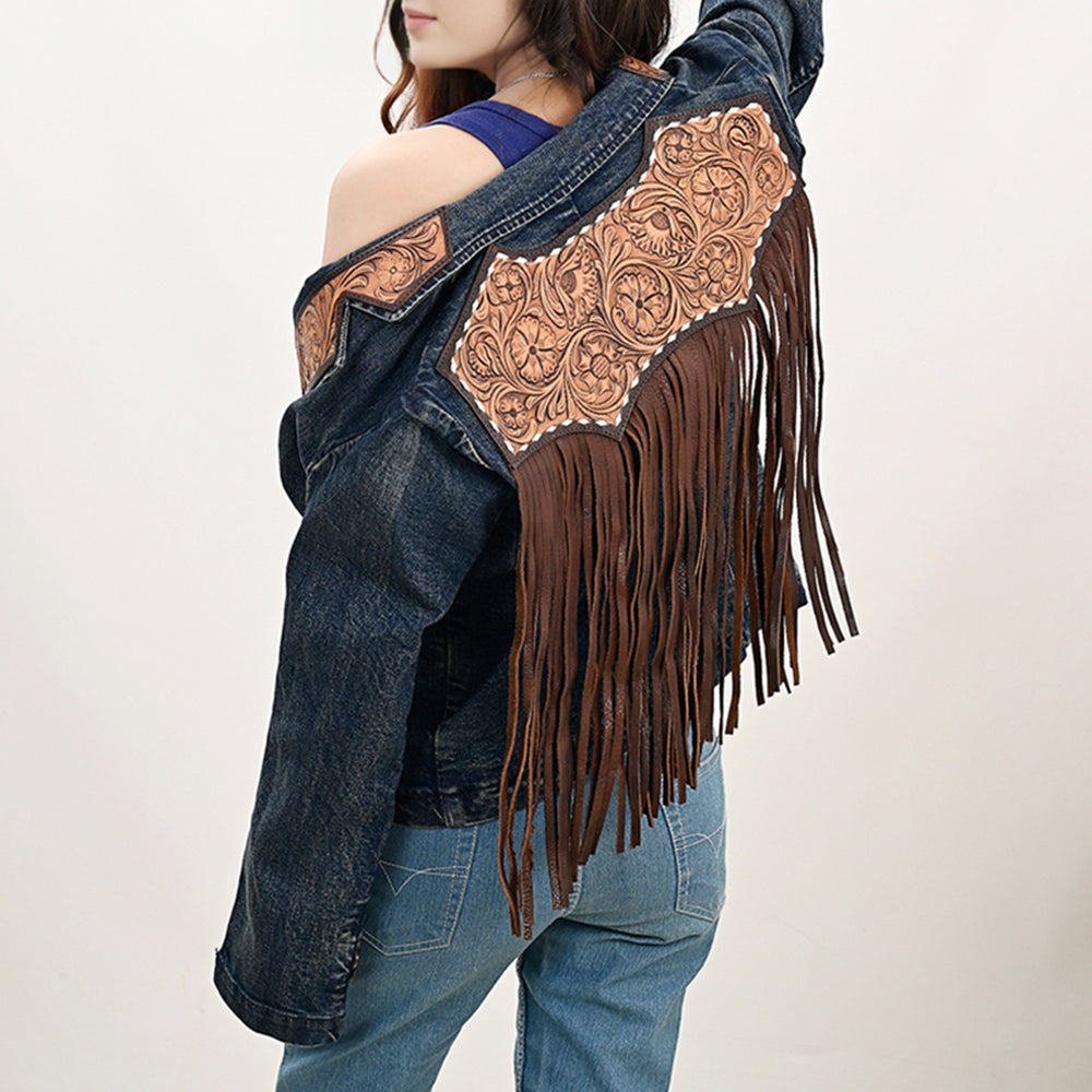 ADBZ044 Genuine leather Hand tooled hand carved Women 100% cotton Denim Blazer dress jacket ladies Girl