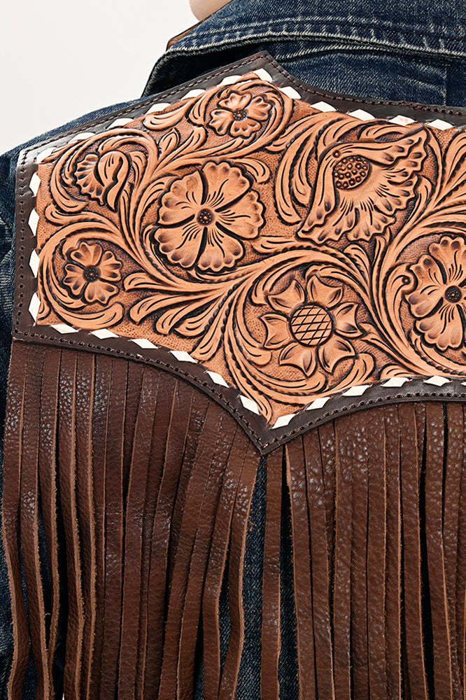 American Darling Genuine leather Hand tooled carved Women 100% cotton Denim Blazer dress jacket ladies |Vintage