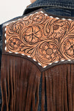 ADBZ044 Genuine leather Hand tooled hand carved Women 100% cotton Denim Blazer dress jacket ladies Girl