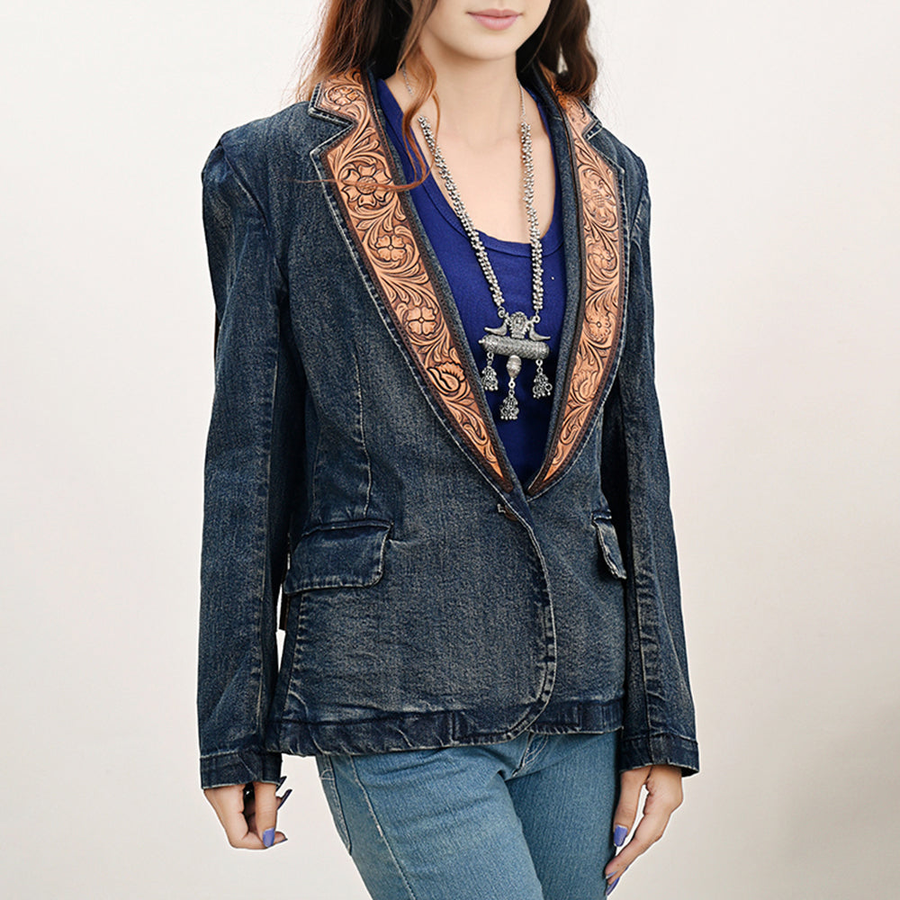 ADBZ044 Genuine leather Hand tooled hand carved Women 100% cotton Denim Blazer dress jacket ladies Girl