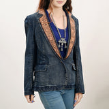 ADBZ044 Genuine leather Hand tooled hand carved Women 100% cotton Denim Blazer dress jacket ladies Girl