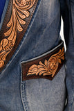 ADBZ045 Genuine leather Hand tooled hand carved Women 100% cotton Denim Blazer dress jacket ladies Girl