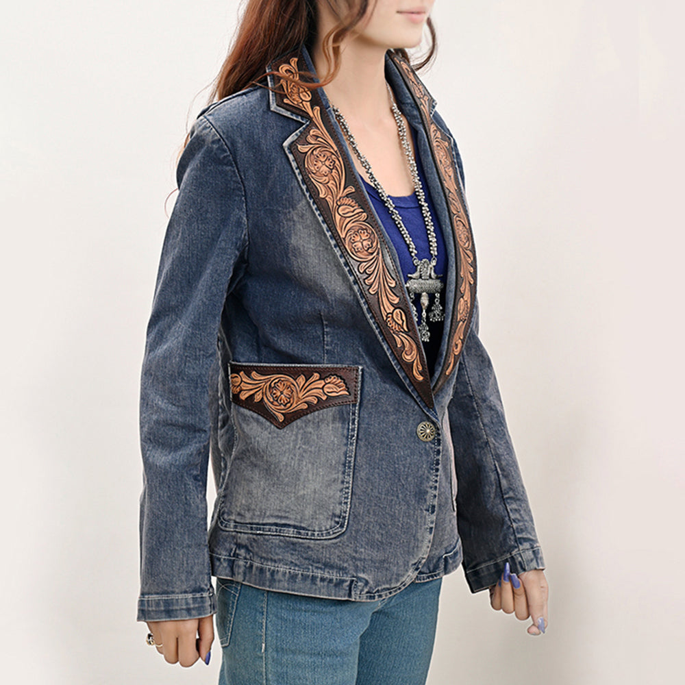 ADBZ045 Genuine leather Hand tooled hand carved Women 100% cotton Denim Blazer dress jacket ladies Girl