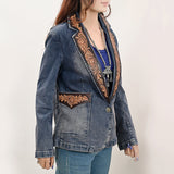ADBZ045 Genuine leather Hand tooled hand carved Women 100% cotton Denim Blazer dress jacket ladies Girl