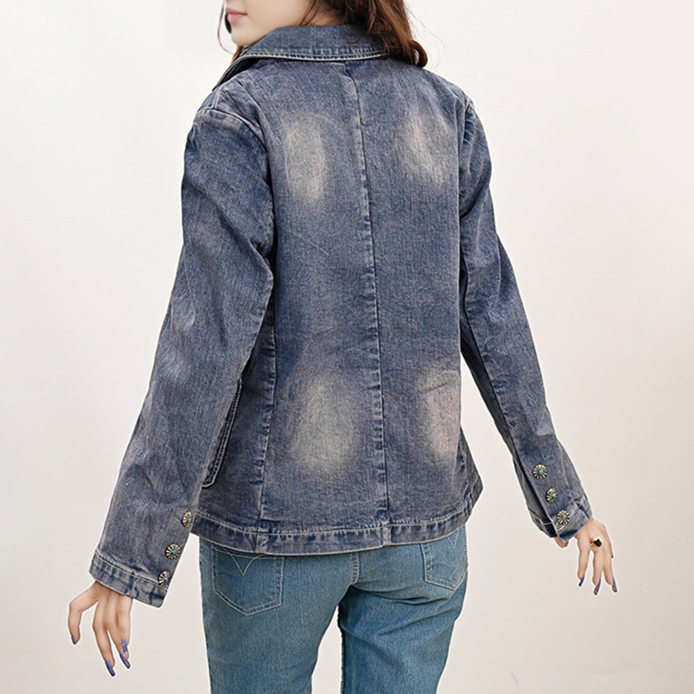 ADBZ045 Genuine leather Hand tooled hand carved Women 100% cotton Denim Blazer dress jacket ladies Girl