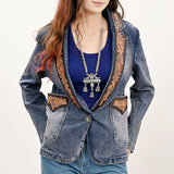 ADBZ045 Genuine leather Hand tooled hand carved Women 100% cotton Denim Blazer dress jacket ladies Girl