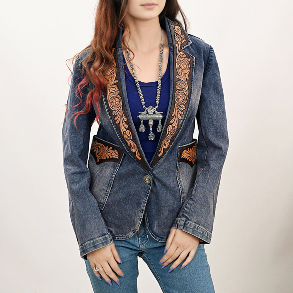 ADBZ045 Genuine leather Hand tooled hand carved Women 100% cotton Denim Blazer dress jacket ladies Girl