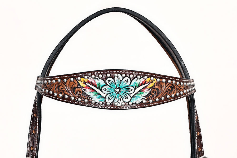 Comfytack Horse Floral Hand Painted Genuine Leather Breast Collar Headstall Brown