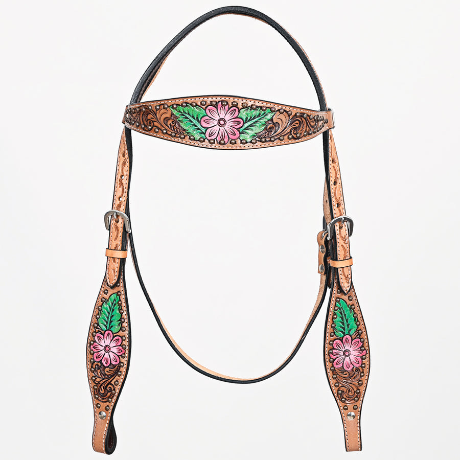 Comfytack Horse Floral Hand Painted Genuine Leather Breast Collar Headstall Tan