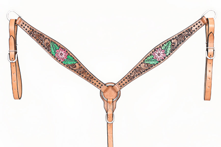 Comfytack Horse Floral Hand Painted Genuine Leather Breast Collar Headstall Tan