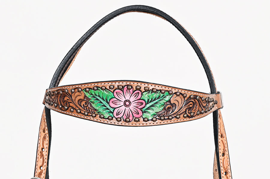 Studs Floral Hand Painted Horse Western Leather Headstall Tan Comfytack by Hilason