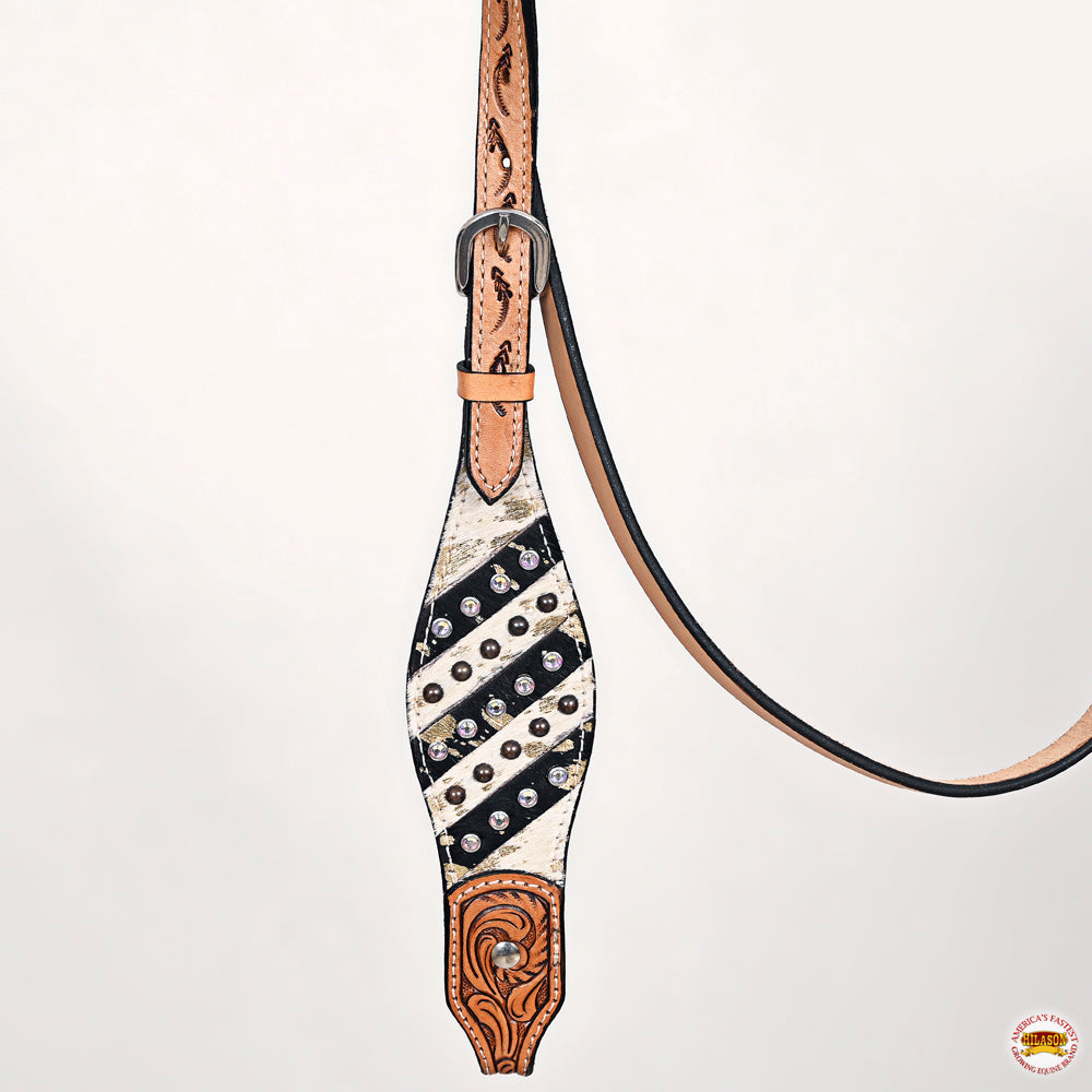 HILASON Western Horse FloralHeadstall Breast Collar Hairon Leather Tan
