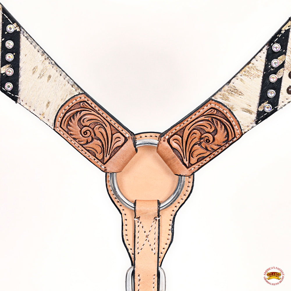 HILASON Western Horse FloralHeadstall Breast Collar Hairon Leather Tan