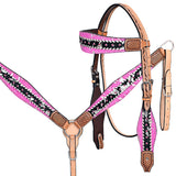 HILASON Western Horse Floral Headstall Breast Collar Set Hairon Leather Tan with Pink | Leather Headstall | Leather Breast Collar | Tack Set for Horses
