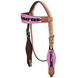 HILASON Western Horse Floral Headstall Breast Collar Set Hairon Leather Tan with Pink | Leather Headstall | Leather Breast Collar | Tack Set for Horses