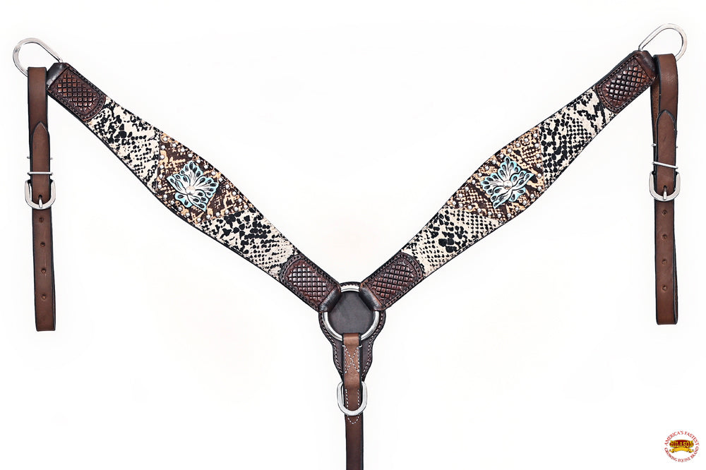 HILASON Western Horse Floral Snake Print Headstall Breast Collar Leather Brown