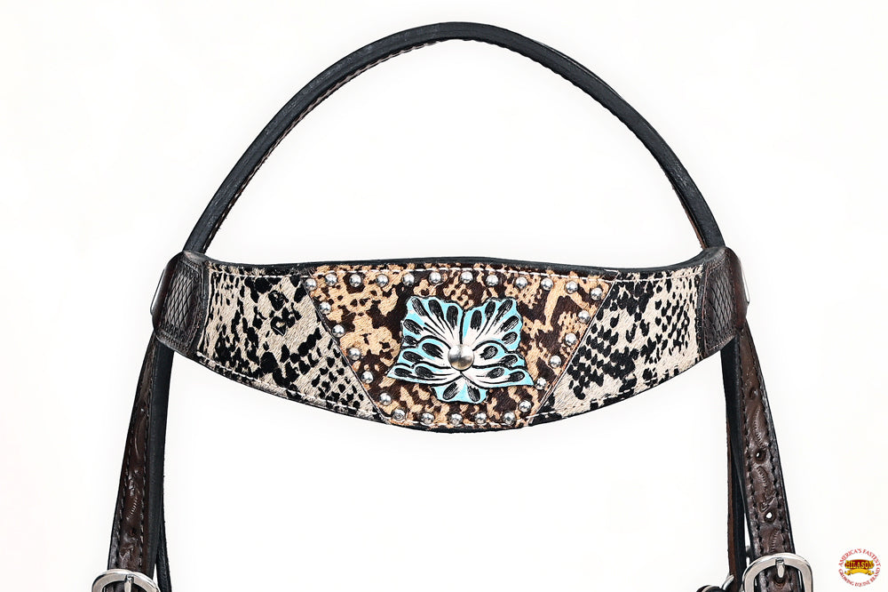 HILASON Western Horse Floral Snake Print Headstall Breast Collar Leather Brown