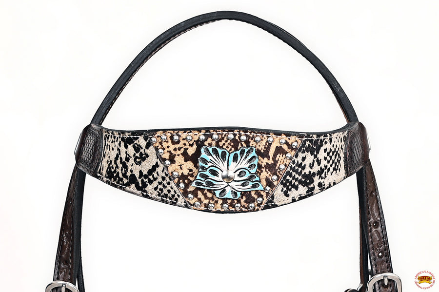 HILASON Western Horse Floral Snake Print Headstall Breast Collar Set Leather Brown | Tack for Horses