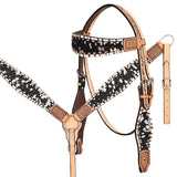 HILASON Western Horse Floral Headstall Breast Collar Set Hairon Leather Tan with Black | Leather Headstall | Leather Breast Collar | Tack Set for Horses