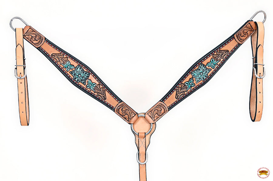 HILASON Western Horse Floral Headstall Breast Collar Set American Leather Tan with Turquoise | Tack for Horses