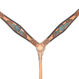 HILASON Western Horse Floral Headstall Breast Collar Set American Leather Tan with Turquoise | Leather Headstall | Leather Breast Collar | Tack Set for Horses