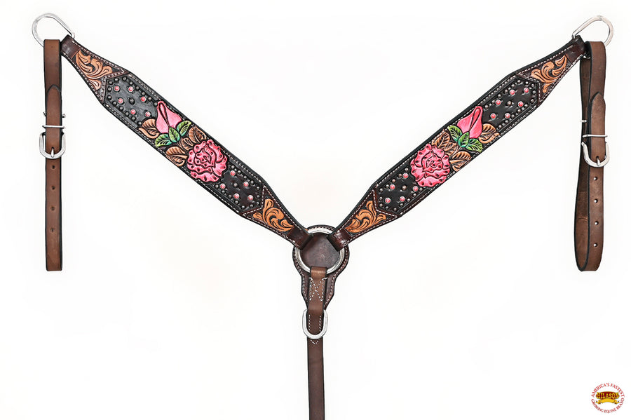 HILASON Western Horse Floral Headstall Breast Collar Set American Leather Tan | Tack for Horses