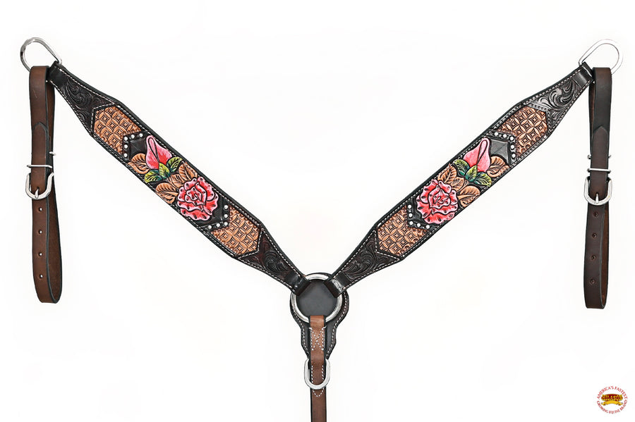 HILASON Western Horse Floral Headstall Breast Collar Set American Leather Tan | Tack for Horses