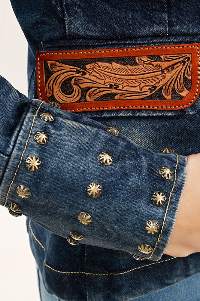 American Darling Genuine leather Hand tooled carved Women 100% cotton Denim Blazer dress jacket ladies |Vintage