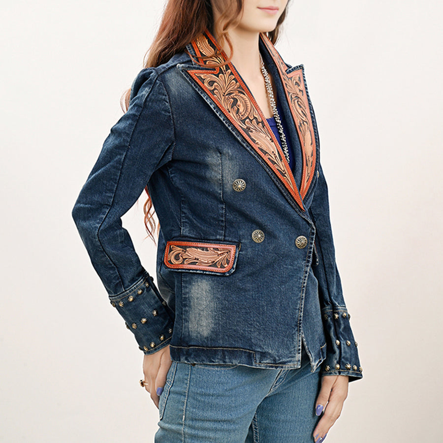 American Darling Genuine leather Hand tooled carved Women 100% cotton Denim Blazer dress jacket ladies |Vintage