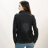 ADBZ048 Genuine leather Hand tooled hand carved Women 100% cotton Denim Blazer dress jacket ladies Girl
