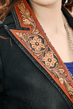 ADBZ048 Genuine leather Hand tooled hand carved Women 100% cotton Denim Blazer dress jacket ladies Girl
