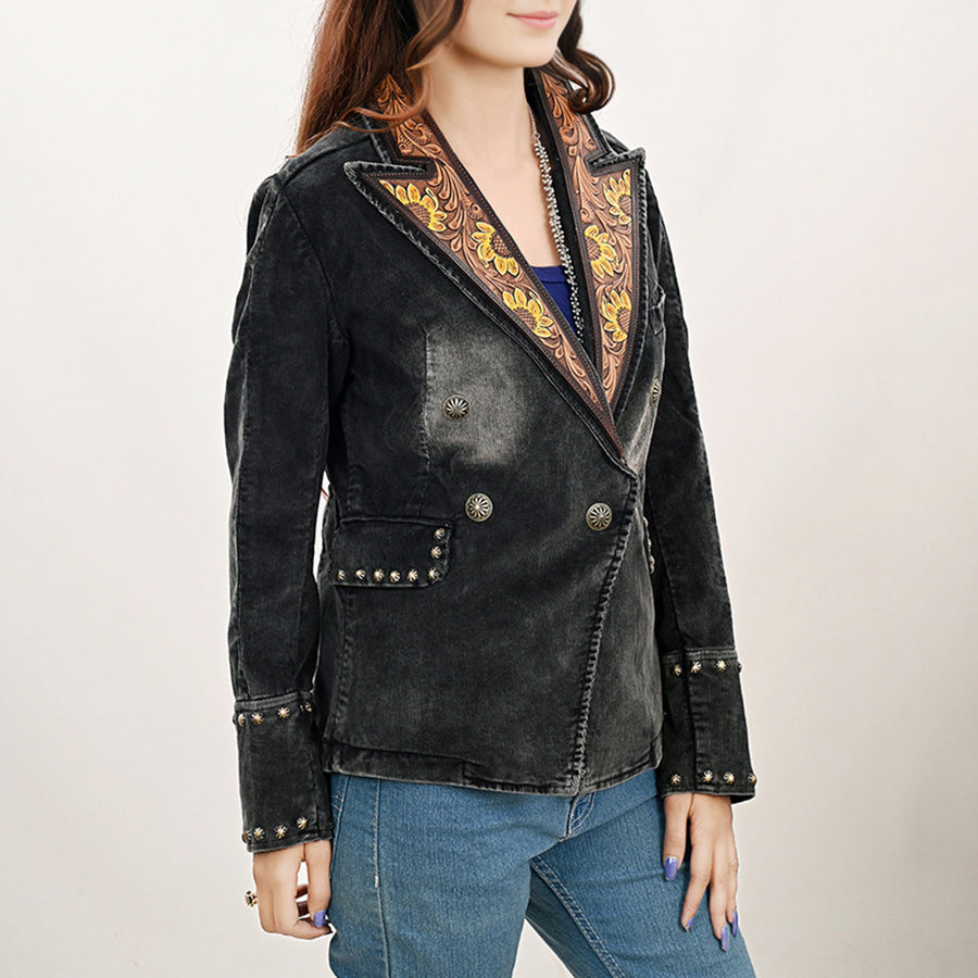 American Darling Genuine leather Hand tooled carved Women 100% cotton Denim Blazer dress jacket ladies | Vintage